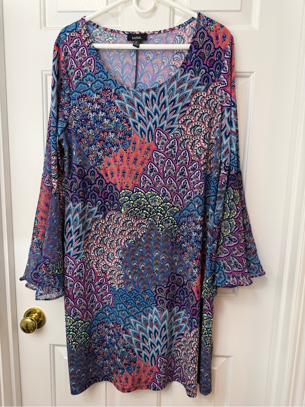 MSK Multicolor Paisley V-Neck Dress in Blue, Purple & Coral